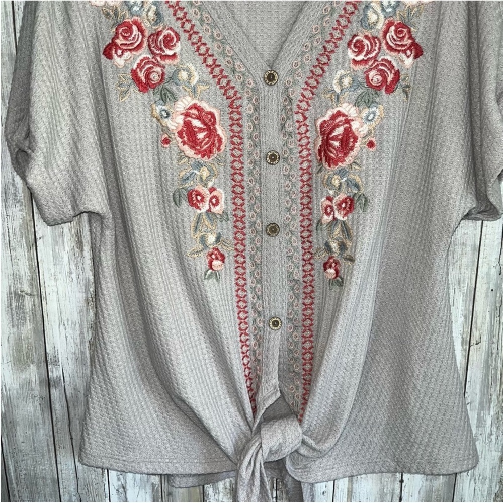 Andree Embroidered Tie Bottom Button Blouse - Picture 2 of 5